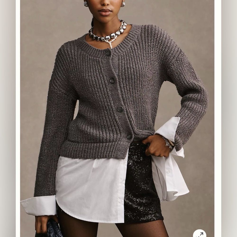 Anthropologie Cropped Twofer Cardigan Sweater with Shirt Details Gray & White XL